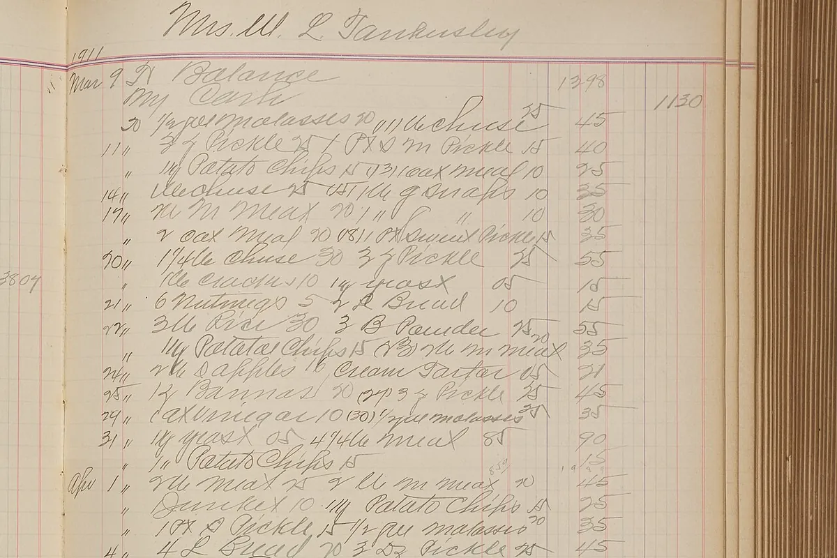 A handwritten page from a general store account ledger, with customer name, items and amounts in columns.