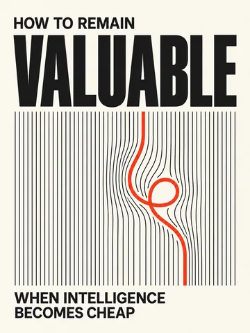 Book cover: “How to Remain Valuable” in heavy black capitals over a field of fine vertical lines that bend around one red looping line, with “When Intelligence Becomes Cheap” beneath.
